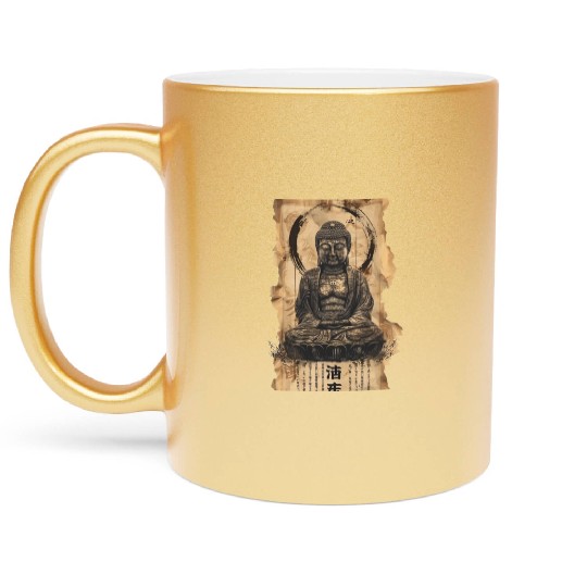 Vintage Papyrus Scroll Japanese Silhouette Buddha Metallic Mugs