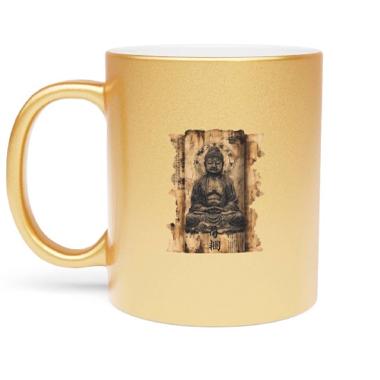 Vintage Papyrus Scroll Japanese Silhouette Buddha Metallic Mugs