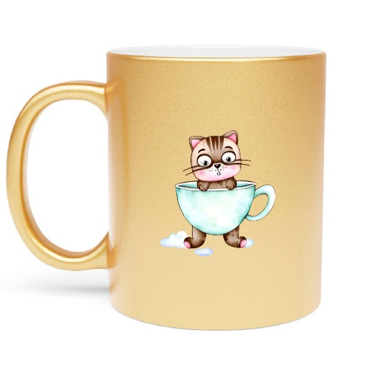 Surprised Silly Cat Wearing Coffee Cup Metallic Mugs