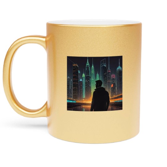 Neon Horizon: A Futuristic Cityscape Metallic Mugs