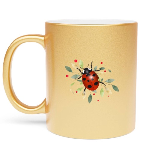 red glowing ladybug with green leaves Metallic Mugs
