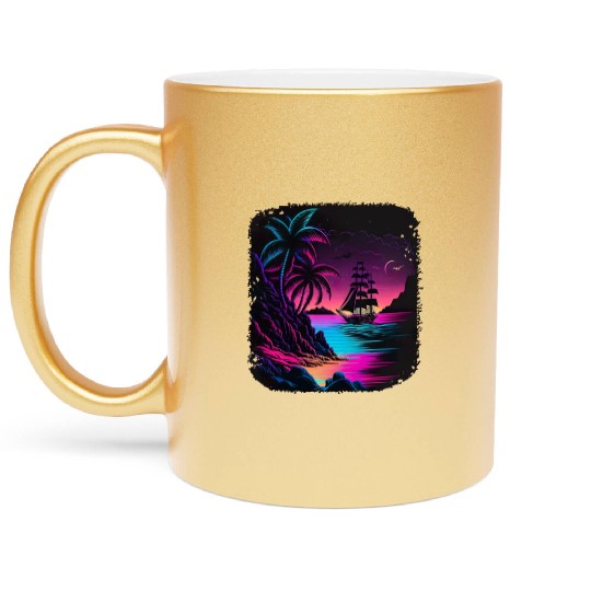 Retro Sunset Sailboat Tropical Beach For a Metallic Mugs