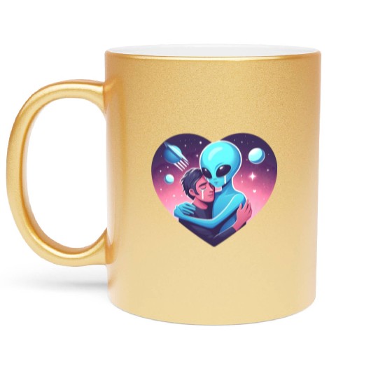 Heartwarming Embrace: Human and Alien Metallic Mugs