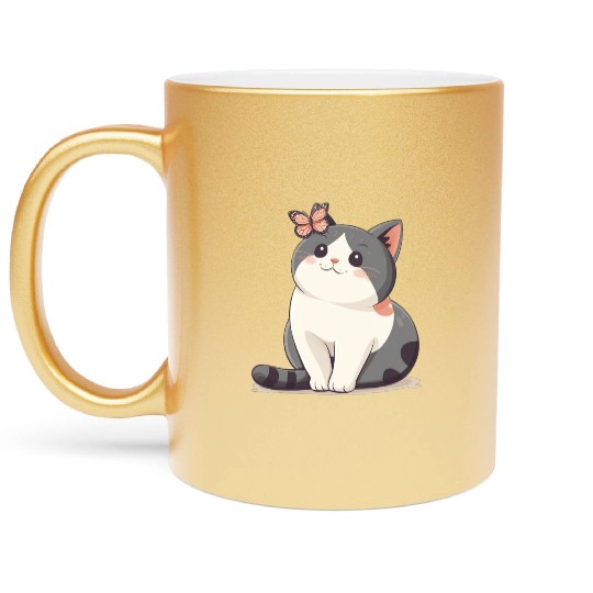 Cute Kawaii Cat and Butterfly Metallic Mugs