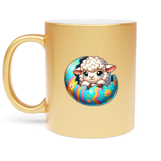 Colorful Lamb Hatching from Easter Egg Cartoon Metallic Mugs