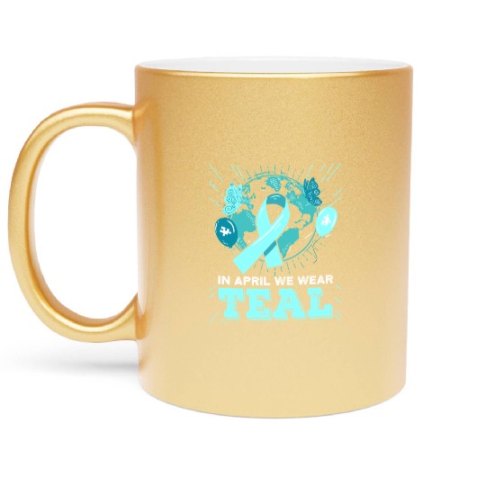 Sexual Assault Awareness Teal Ribbon With Cat Metallic Mugs