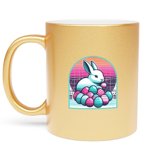 Synthwave Easter Bunny with Eggs Metallic Mugs