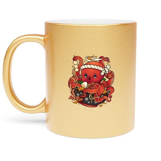 Cute Anime Octopus Eating Ramen Noodles Metallic Mugs