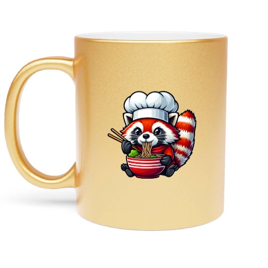 Kawaii Anime Red Racoon Eat Japanese Ramen Noodles Metallic Mugs