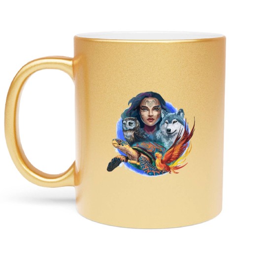 Wildlife Tribal Wolf Owl Turtle Woman for a Metallic Mugs
