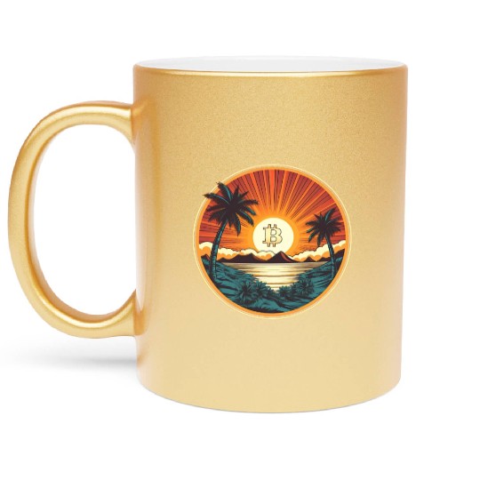Retro Beach Sunset Funny Crypto Blockchain Metallic Mugs