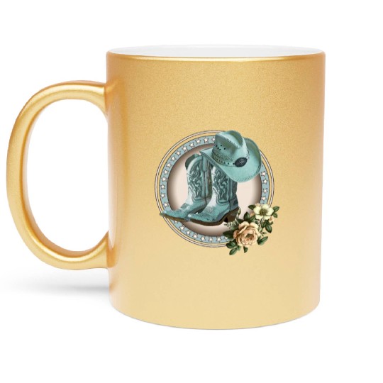 BLUE COWGIRL BOOTS, COWGIRL HAT, COWBOYS, WESTERN Metallic Mugs