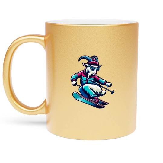 Funny Goat Skiing Down The Snowy Slopes Metallic Mugs