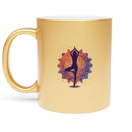 Serene Silhouette: A Yoga Pose with Mandala Elegan Metallic Mugs