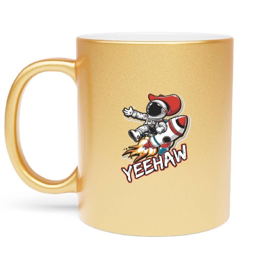 Space Cowboy Riding a Rocket with Yeehaw Slogan Metallic Mugs