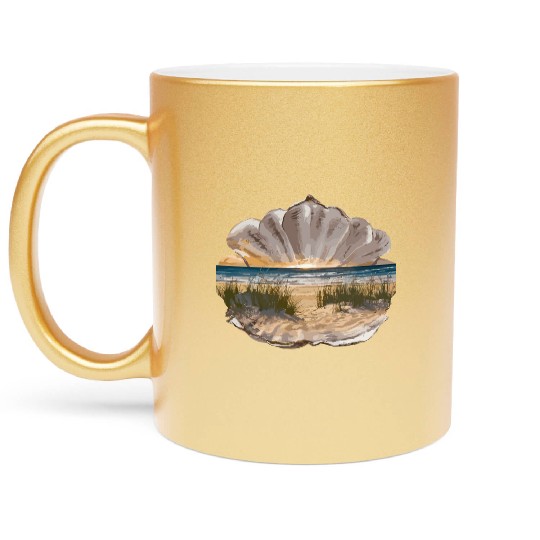 Seashell Beach Scene Serene Ocean Landscape Metallic Mugs