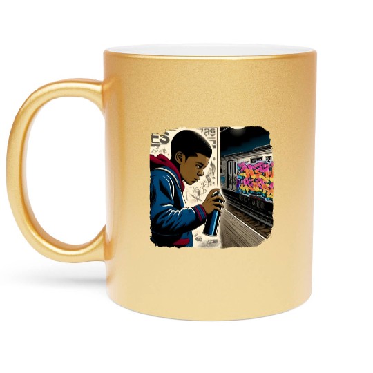 AI Teen in Underground Subway Layup -Masked Border Metallic Mugs