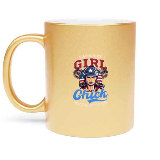 4th Of July Lacrosse Lacrosse Girl Chick With Stic Metallic Mugs