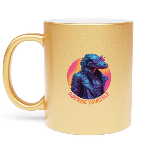 Synthwave style crocodile wearing sunglasses Metallic Mugs