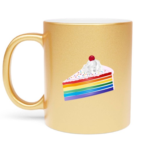 Piece of rainbow cake with cream and cherry Metallic Mugs
