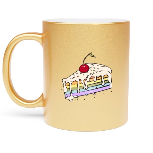 Piece of rainbow cake with cherry in comic style Metallic Mugs