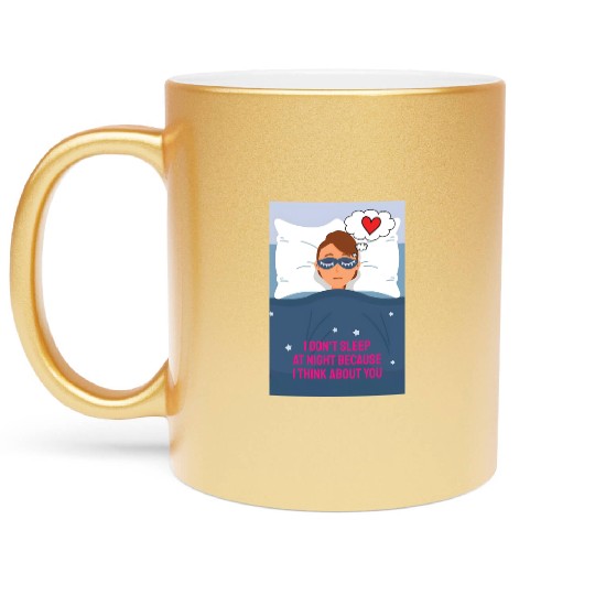 Sad woman in love lying in bed with a blindfold on Metallic Mugs