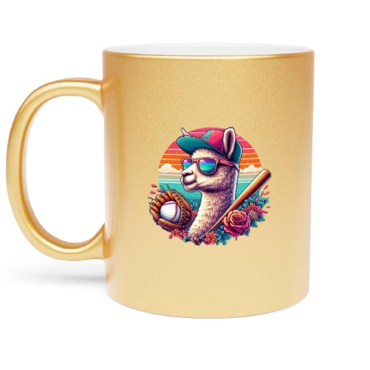 Llama Baseball Llama Playing Baseball Llama lover Metallic Mugs