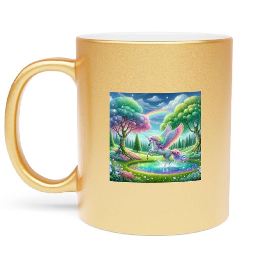 Enchanted Rainbow Unicorn Over Sparkling Pond Metallic Mugs