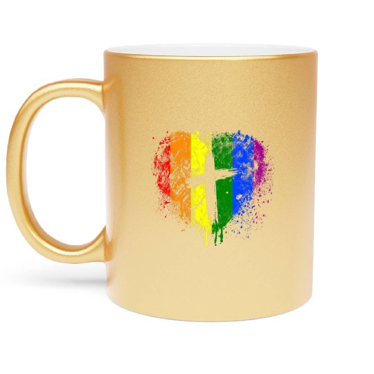 Rainbow Heart with Cross Gay Pride LGBT Christian Metallic Mugs