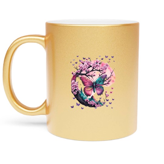 Cherry Blossoms, Butterflies & Mountains - Zen Metallic Mugs