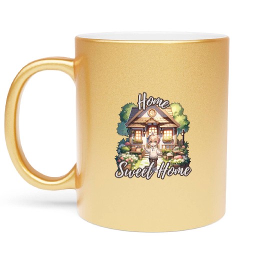 Home Sweet Home House Cabinand Person Waving 1 Metallic Mugs