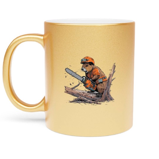 Beaver Lumberjack Chainsaw Metallic Mugs