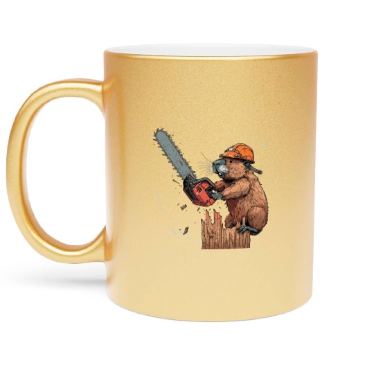 Beaver Lumberjack Chainsaw Metallic Mugs