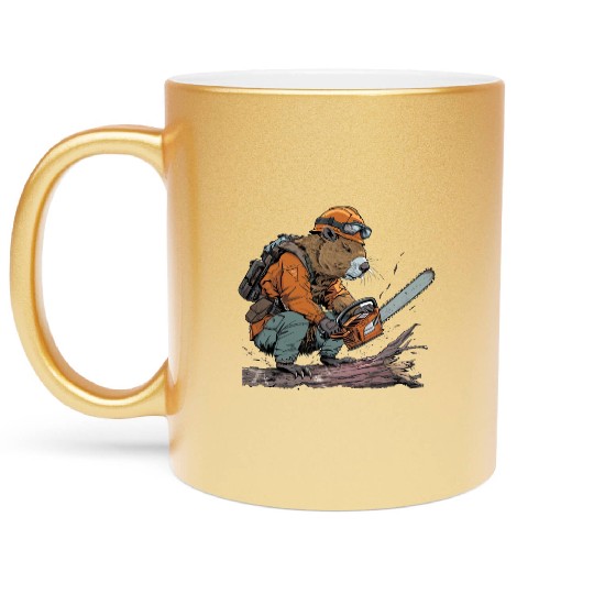Beaver Lumberjack Chainsaw Metallic Mugs
