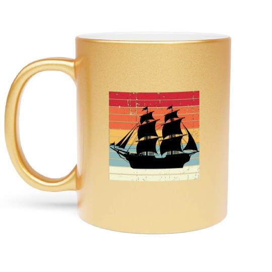 Vintage Retro Sun Set Pirate Ship Metallic Mugs
