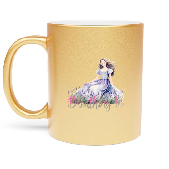 Girl in Lavender Dress Relaxing in Flower Field Metallic Mugs