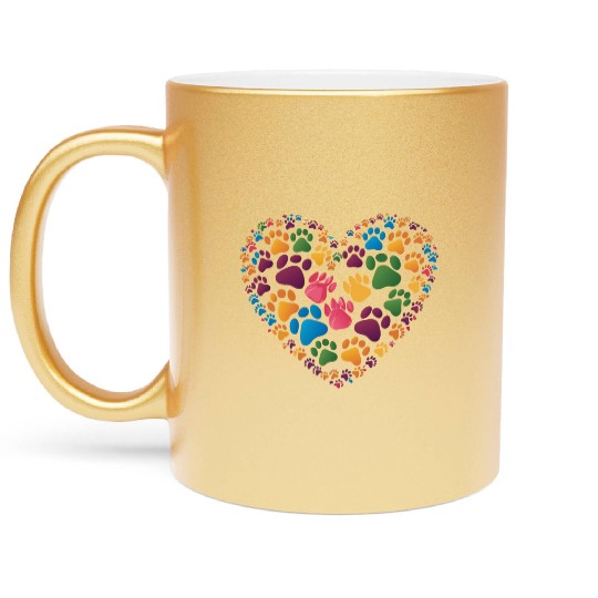 Colorful Cat Paw Prints Forming a Heart Shape Metallic Mugs