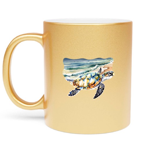Sea Turtle at the Beach in Watercolor Metallic Mugs