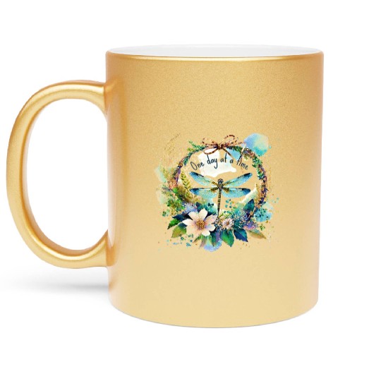 One day at a time dragonfly floral Metallic Mugs