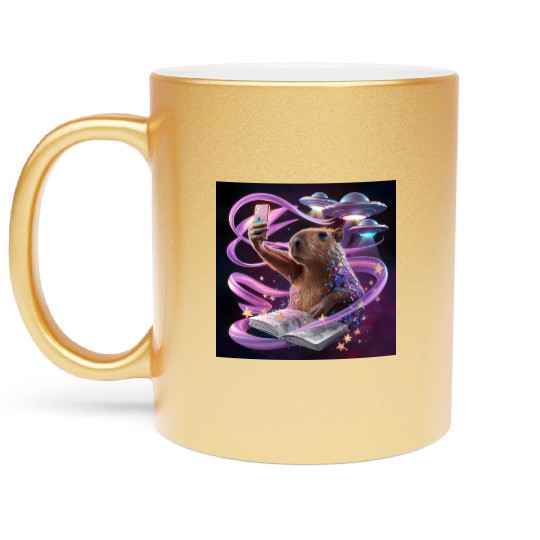 Funny Graphic Metallic Mugs Capybara Selfie with UFOs Weird