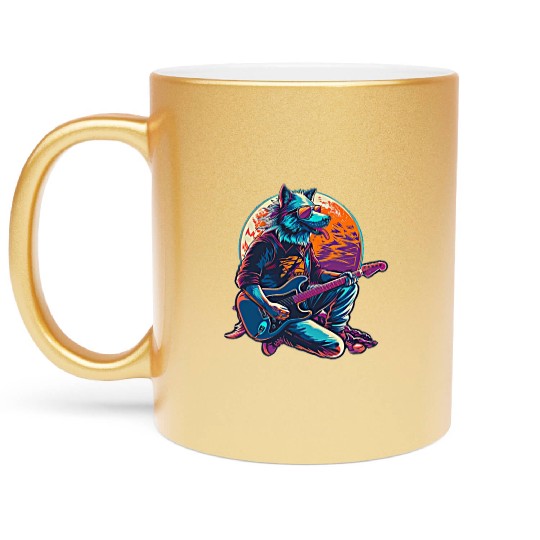 Blue Wolf Moon Guitar Player Retro Sunglasses Metallic Mugs