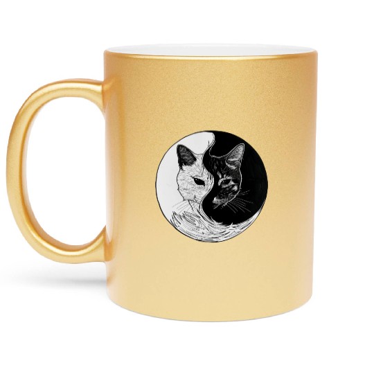 A black and white drawing of a cat in a circle Metallic Mugs