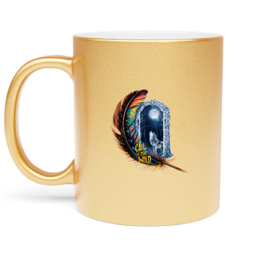 Glowing feather with wolf howling at the moon Metallic Mugs