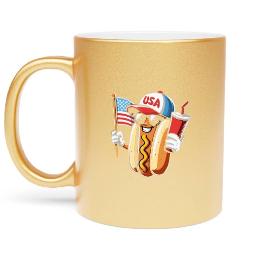 4th July Hot Dog USA Patriotic Character Fun Metallic Mugs
