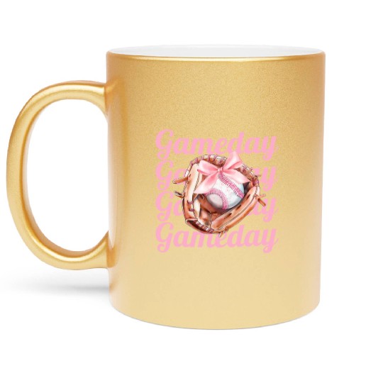 Game Day Coquette Aesthetic Baseball Glove Metallic Mugs