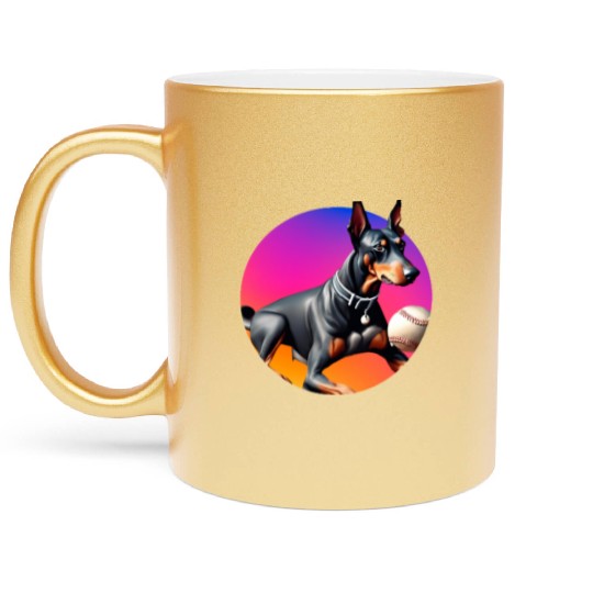 Doberman baseball player Metallic Mugs