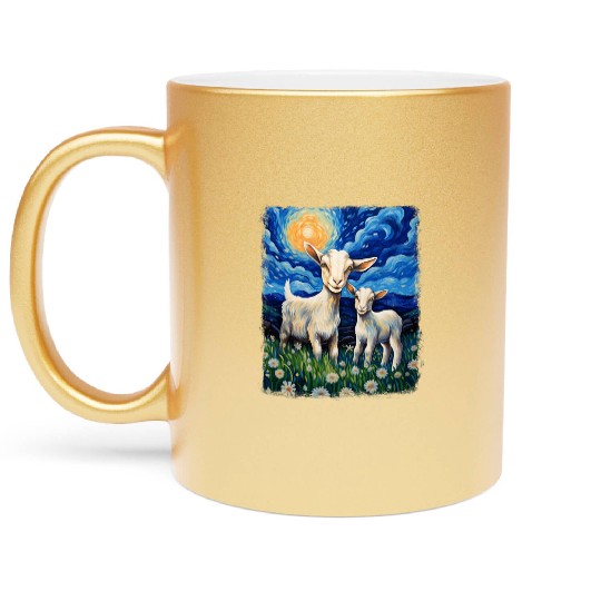 Goats Farm Animals Farmer Starry Night Painting Metallic Mugs