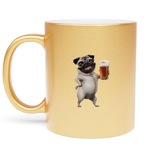 Pug Drinking Beer Realistic Metallic Mugs