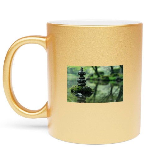 Zen Stone Stack Reflected in Tranquil Pond Metallic Mugs