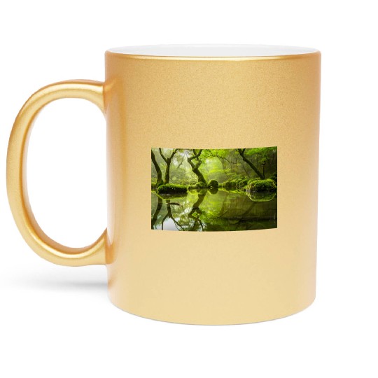 Enchanted Forest Reflections in Tranquil Pond Metallic Mugs